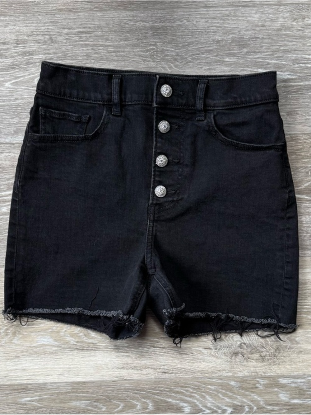 Express Black High-Rise, Bling Button-Fly, Black Denim Shorts